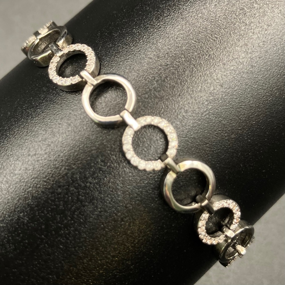 Sterling Silver Bracelet Pave Clear Stone Circle Link Size 7 Signed EJ